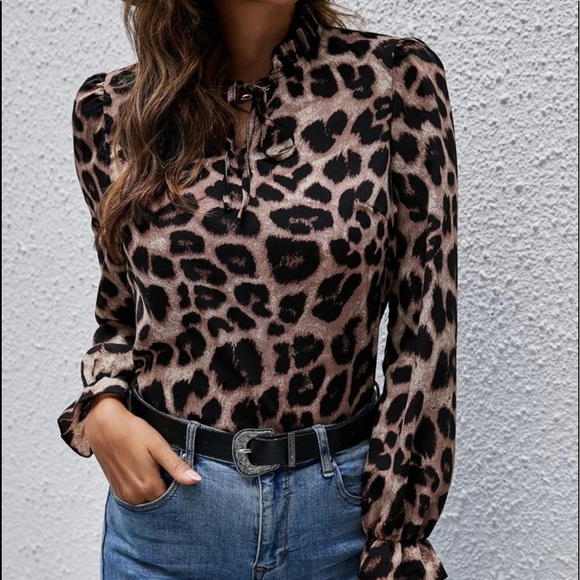 Camel black boho leopard print button up blouse - Picture 3 of 14